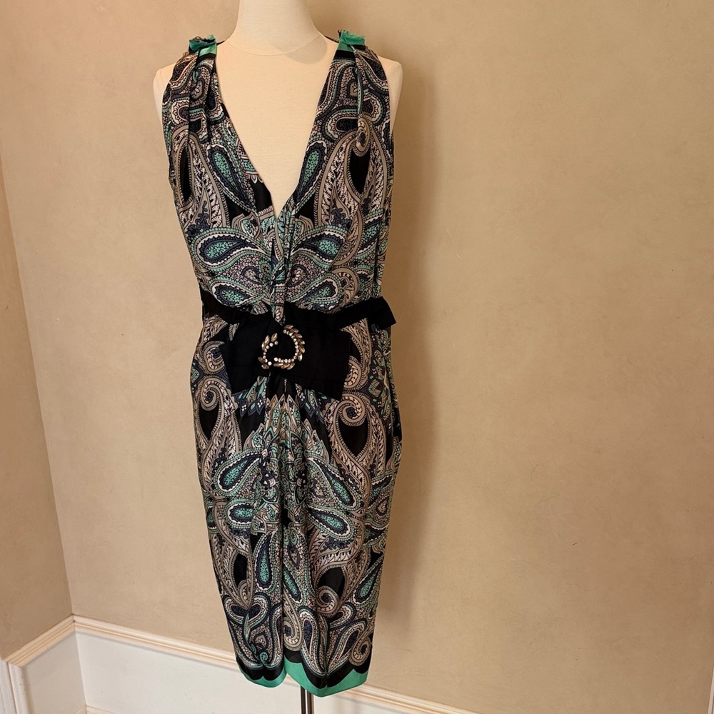 Lanvin silk and bejeweled Black Paisley Midi Dress with Teal Accents